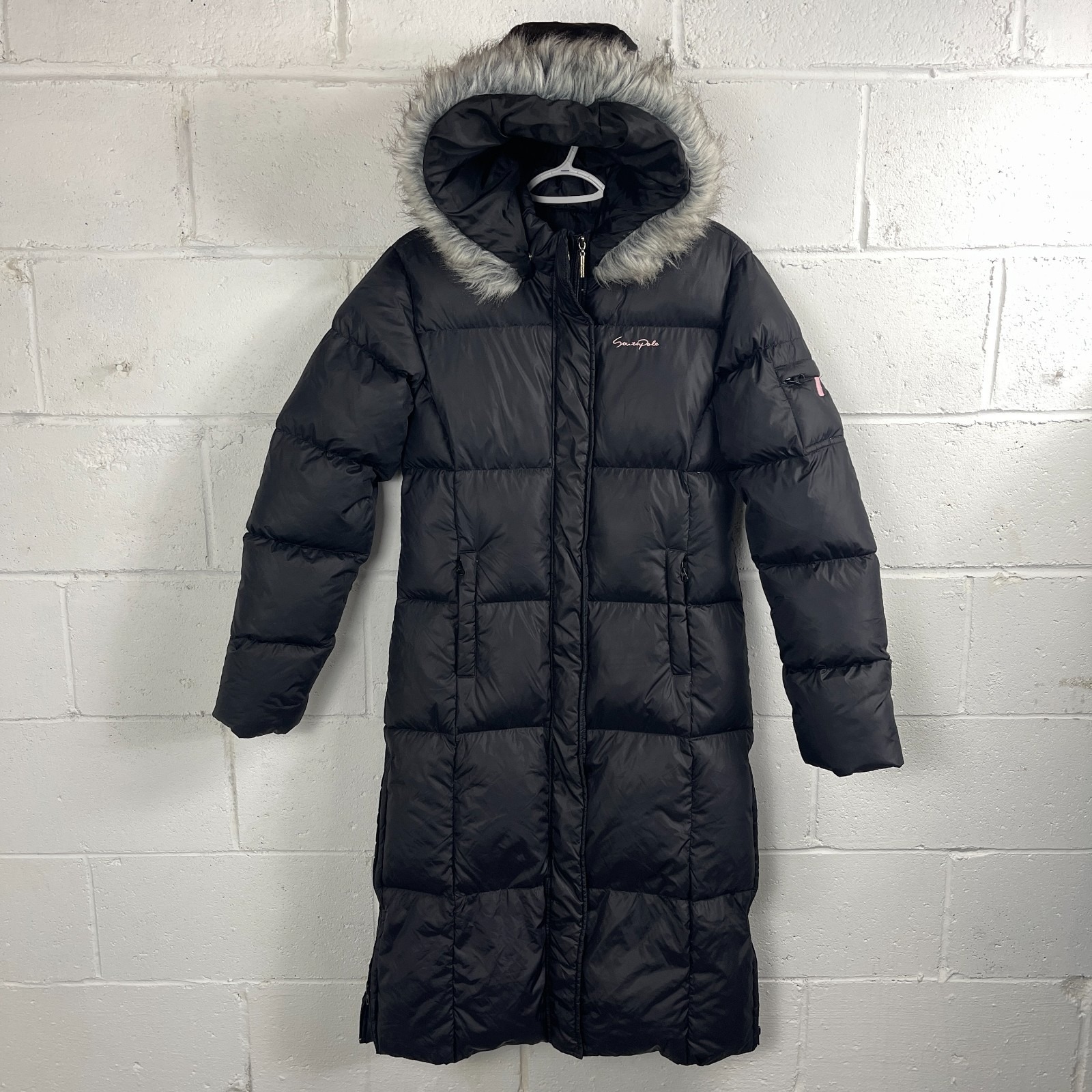 Vtg Southpole Long Jacket Womens Large Black Faux Fur Trim Hood Snap Inside Zip